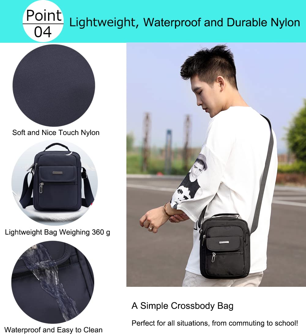 natyrlpog Men's Shoulder Bag Nylon Messenger Bag Crossbody Purse Waterproof Lightweight for Travel Work Outdoor Black Small
