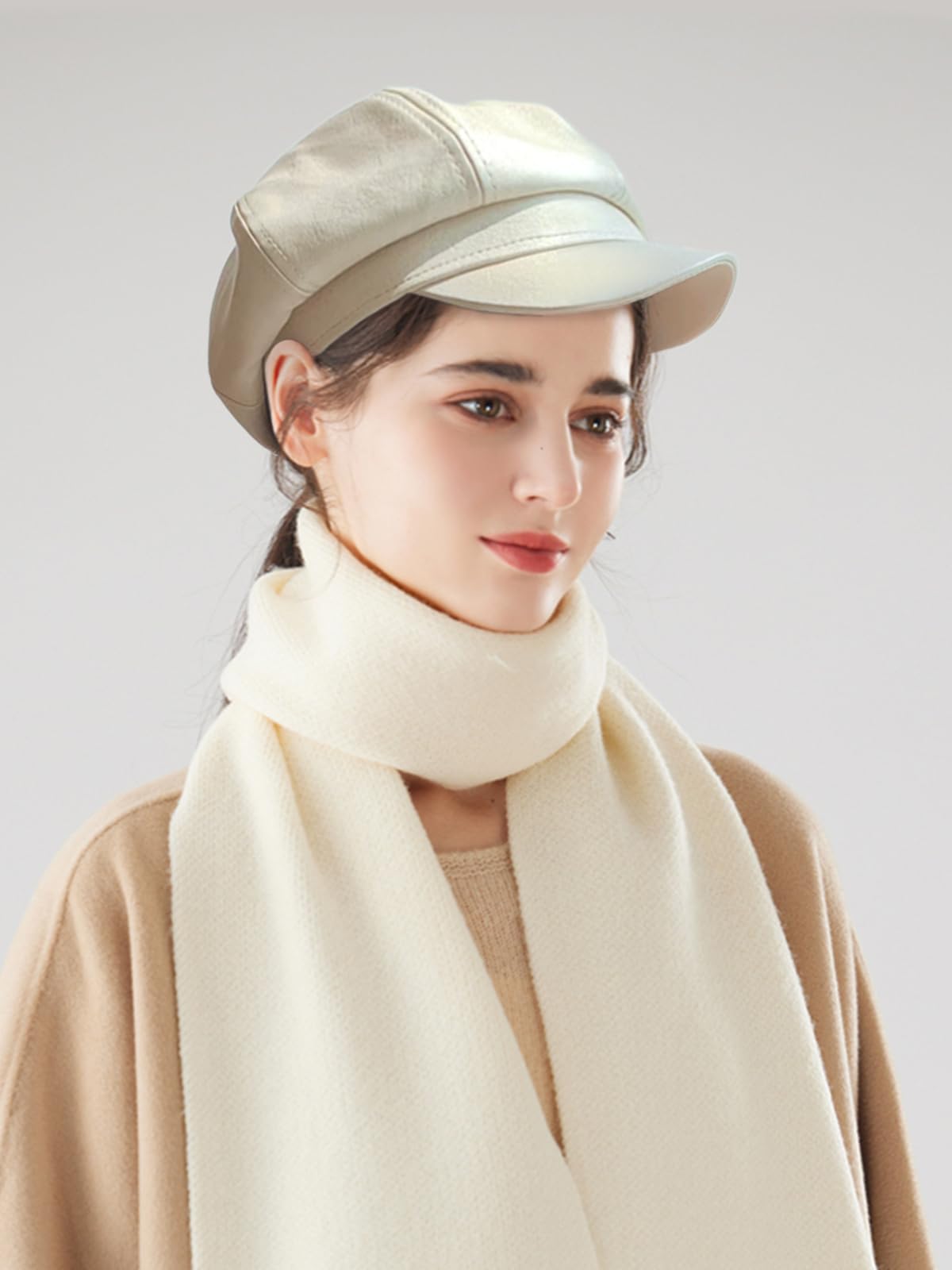 Nanwansu Women Fiddler Cap Newsboy Hat PU Leather Visor Beret Cap Paperboy Gatsby Hat Beige