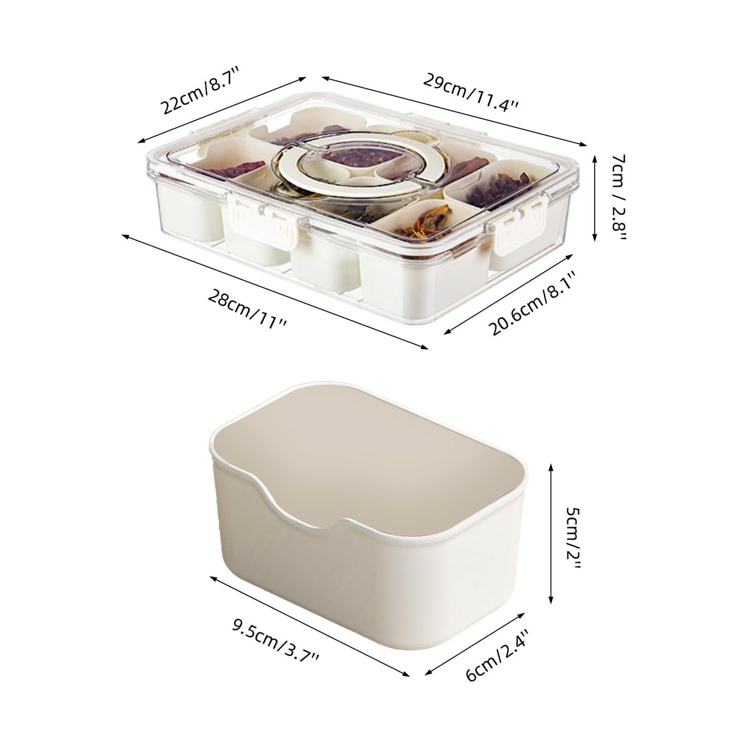 Pure Future Air-Tight Snackle Box Container –Divided Serving Tray with Lid & Handle–Clear Snack box for Fruits, Candy & Nuts–Portable for Travel & Daily Use (8 Inside Containers Dishwasher Safe)
