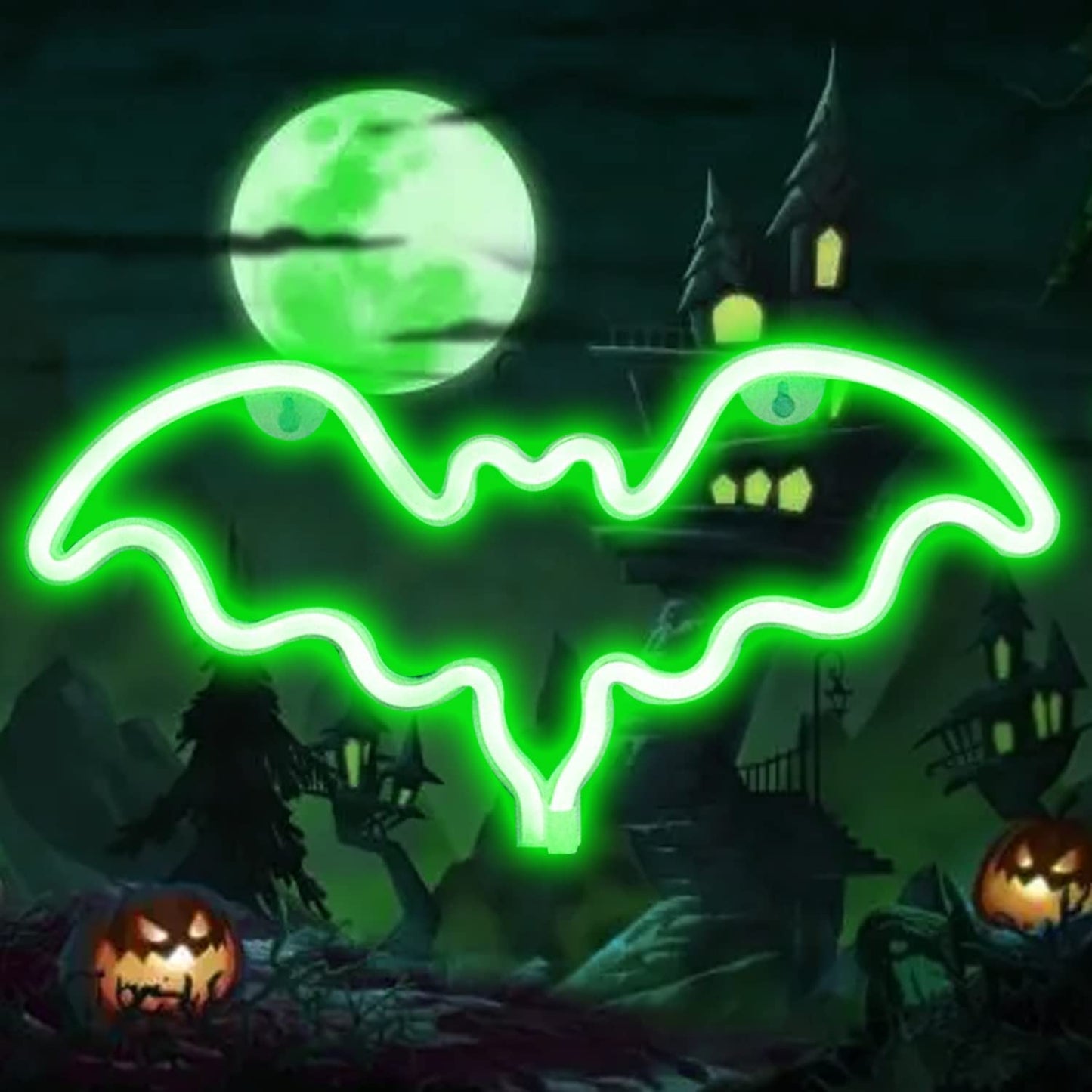 Vicila LED Neon Bat Lights, Bat Shape Neon Signs Night Lights Battery Operated Desk Table Lamp for Bedroom, Bar, Wall, Halloween Decor-Bat(Green)