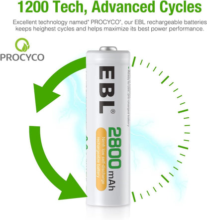 EBL Rechargeable Batteries Combo, AA 2800mAh (10 Pack) and AAA 1100mAh (10 Pack) High Capacity Precharged Ni-MH Rechargeable Batteries with Battery Organizer Storage Box