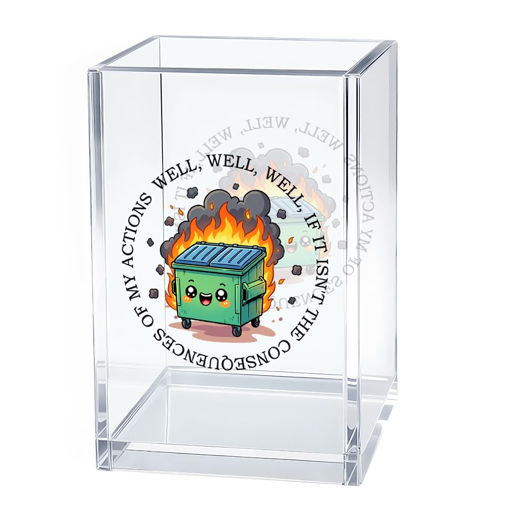 Gkodw Everything is Fine Cosmetic Organizer Pen Holder, Acrylic Desk Holder for Pen Pencil, Office Gifts for Coworker, Dumpster Fire Desk Accessory (Transparent66)