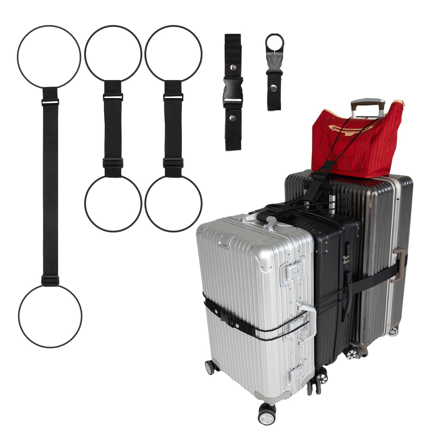Luggage Straps 3 PCS for Suitcases TSA Approved 2 Short & 1 Long Adjustable Straps with Elastic Thick Rope for Connecting Suitcases and Bags Stably with a Strap Buckle and a Bottle Clip, Black