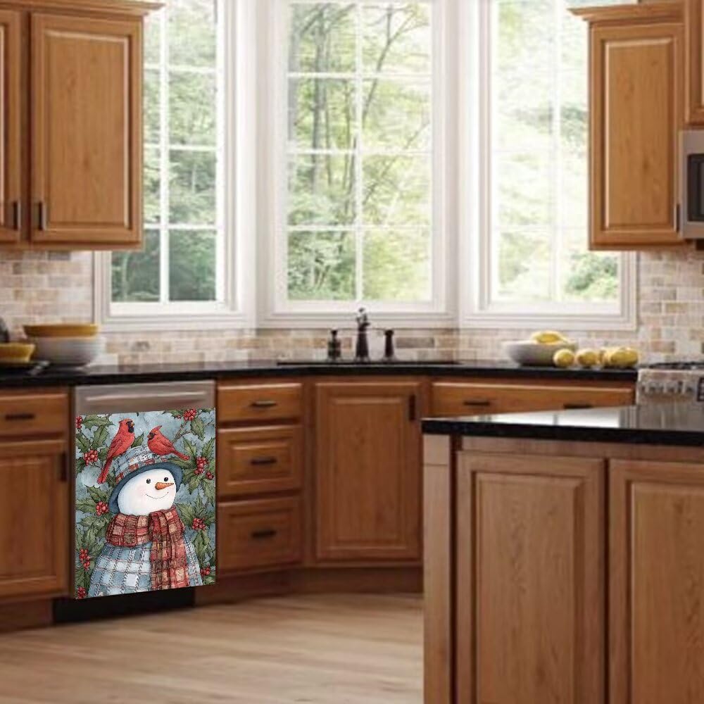 Snowman Dishwasher Magnet Cover - Holiday Kitchen Christmas Decorative, Cardinal Birds Magnetic Dishwasher Cover, Xmas Wreath Decal Dishwasher Magnetic Sticker, 23"x26"