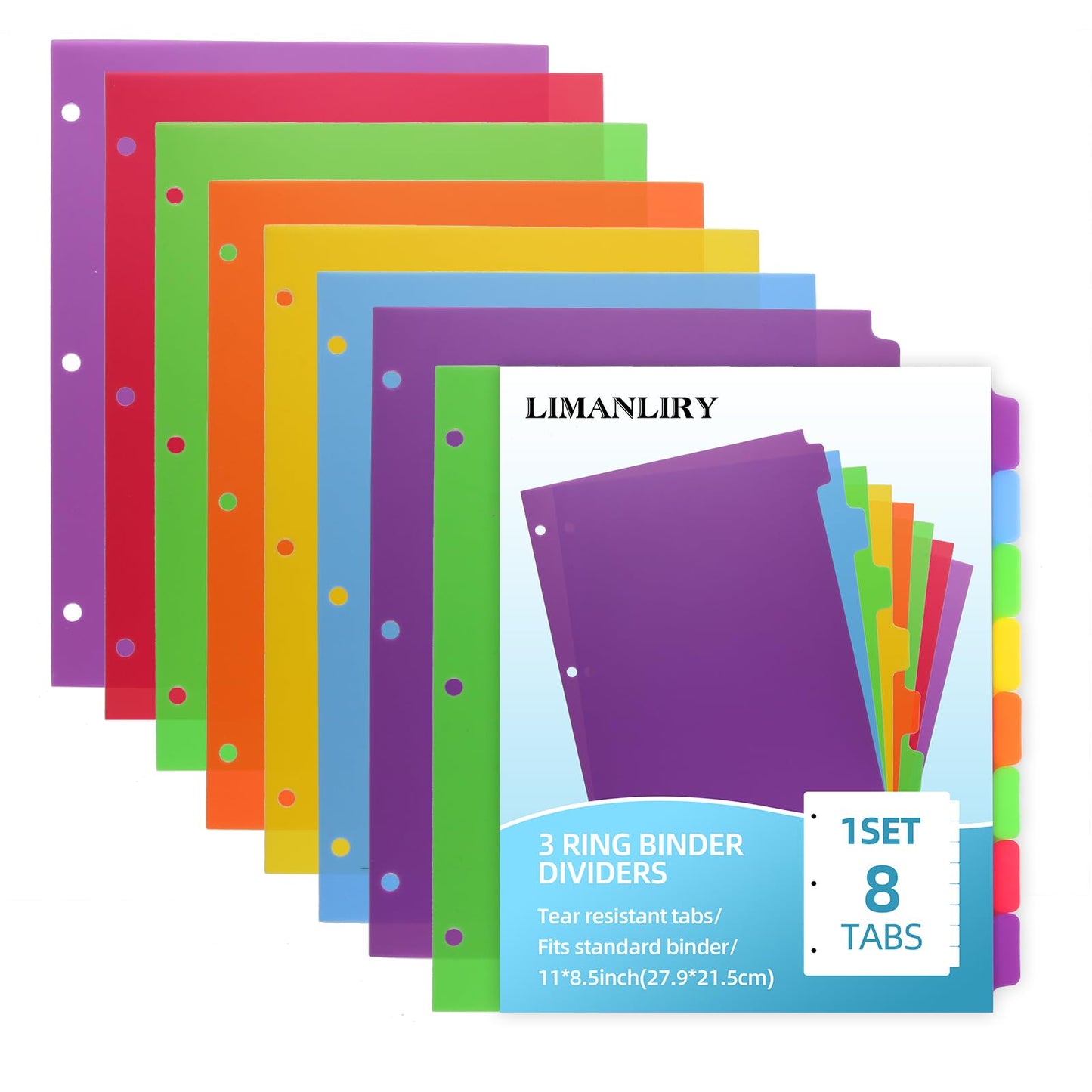 3 Set Plastic Binder Dividers with Tabs,Multicolor Index with 8-Tabs,Divider for 3 Ring Binder