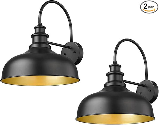 Bestshared Large Outdoor Farmhouse Barn Lights 16 Inch Dome Outdoor Wall Lantern Industrial Wall Sconces Exterior Gooseneck Mount Light,Vintage Outdoor Lighting Fixture (2Pack, Black+ Gold)