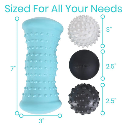 Vive Massage Ball Set (4 Piece) - Plantar Fasciitis Relief Foot Pain Hot Cold Therapy - Heel Spur, Sore Muscle, Trigger Point, Back, Arm, Neck, Shoulder, Leg Circulation Roller