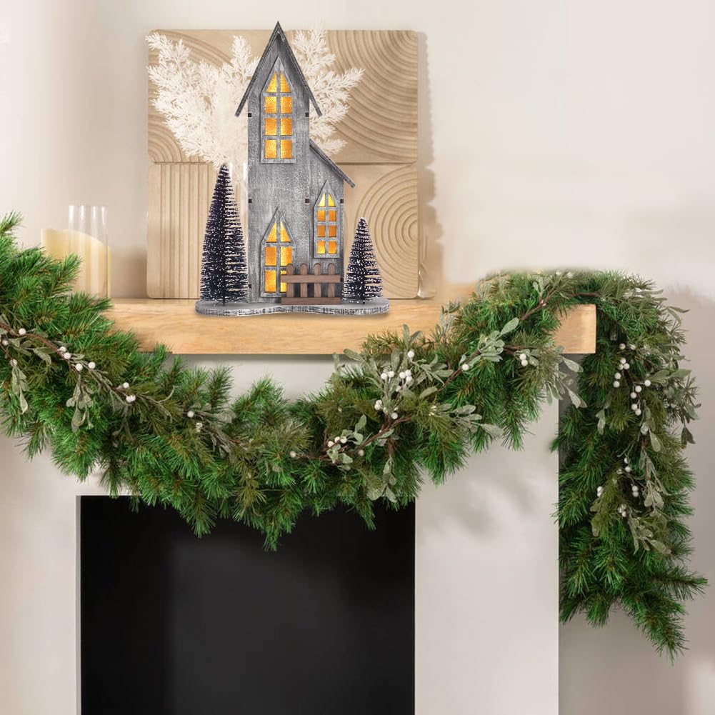 Wooden Christmas Village House with LED, Xmas Decor Indoor Tabletop Centerpiece with Tree, Lighted Christmas House Decor for Home Shelf Mantle, Winter Holiday Village Display (Style A)