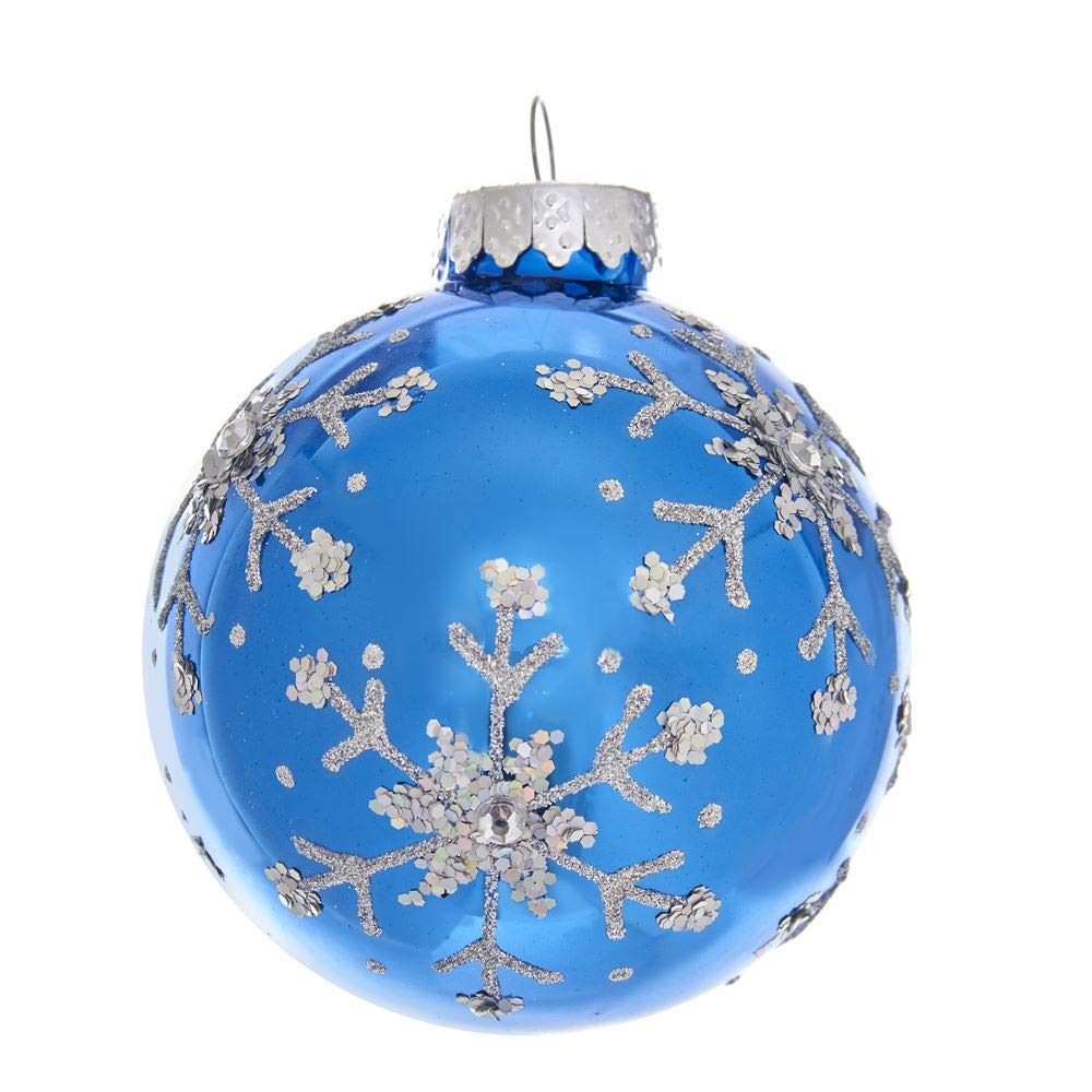 Kurt Adler 80MM Blue and Silver Glitter Snowflake Glass Ball Ornaments, 6 Piece Box