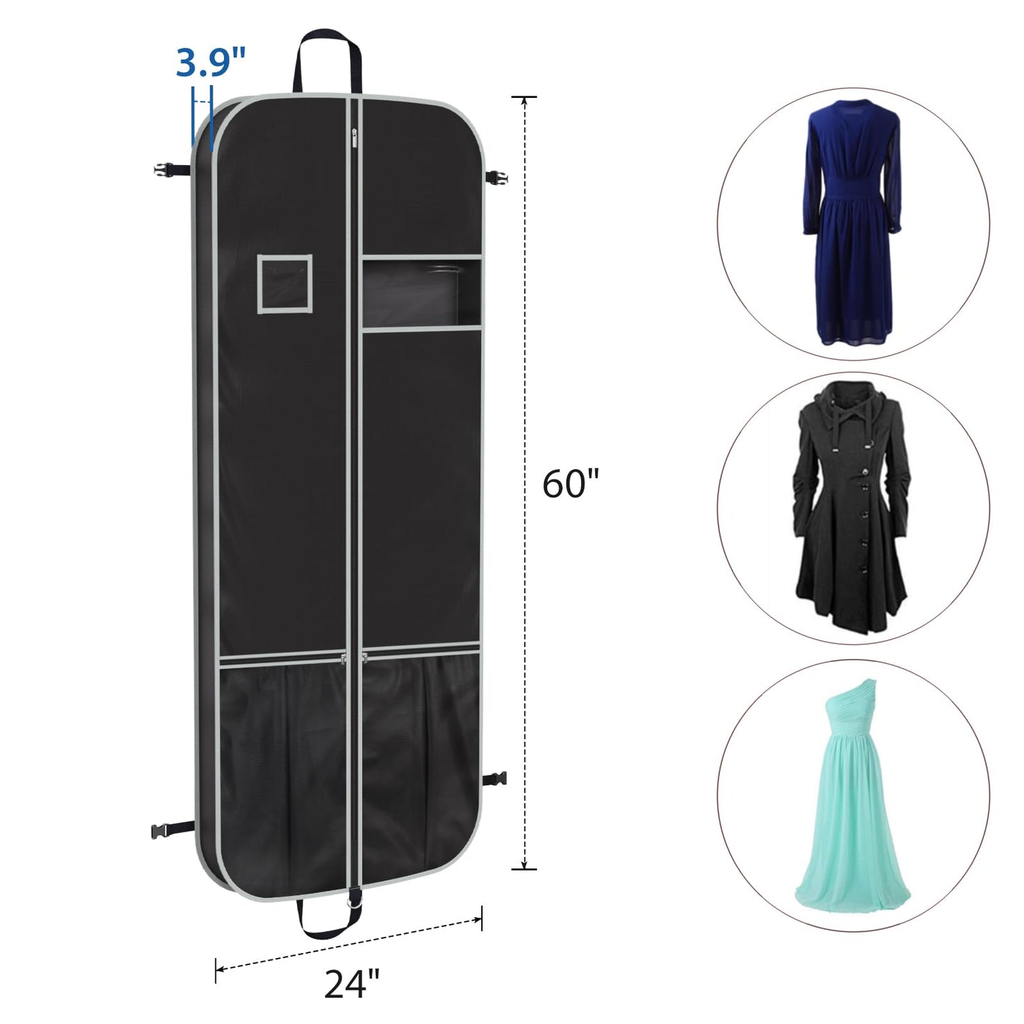 Zilink Upgrade 60" Garment Bag for Long Coat, Leather,Fur, Mink, Gown and Choir Robe with 3.9" Gusset and Stable Buckles Heavy Duty, Hanging, Breathable, Foldable Travel and Wardrobe Clothes Protector