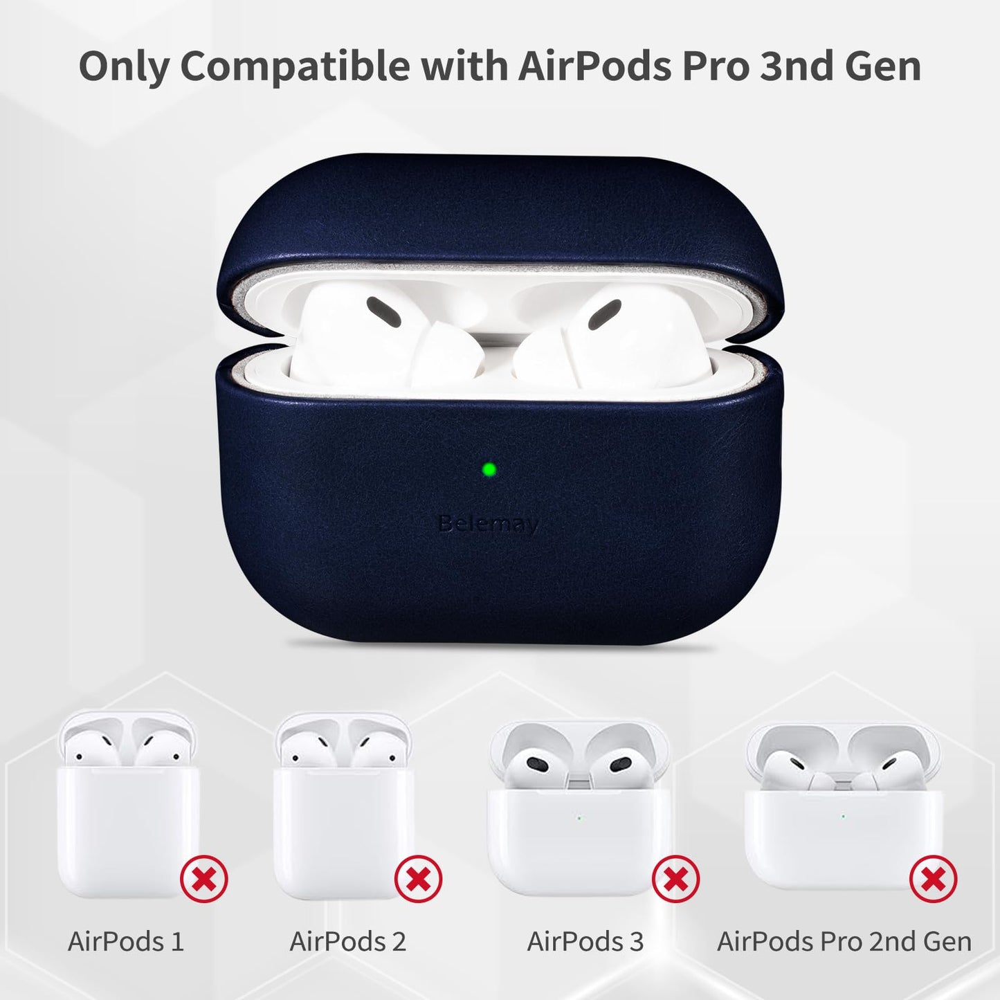 Belemay Handcrafted Full-Grain Vegetable-Tanned Leather Case for AirPods Pro 3rd Gen (2025), Classy Two-Tone Effect, Natural Patina, Compatible with MagSafe, Compatible with Airpods Pro 3, Navy Blue