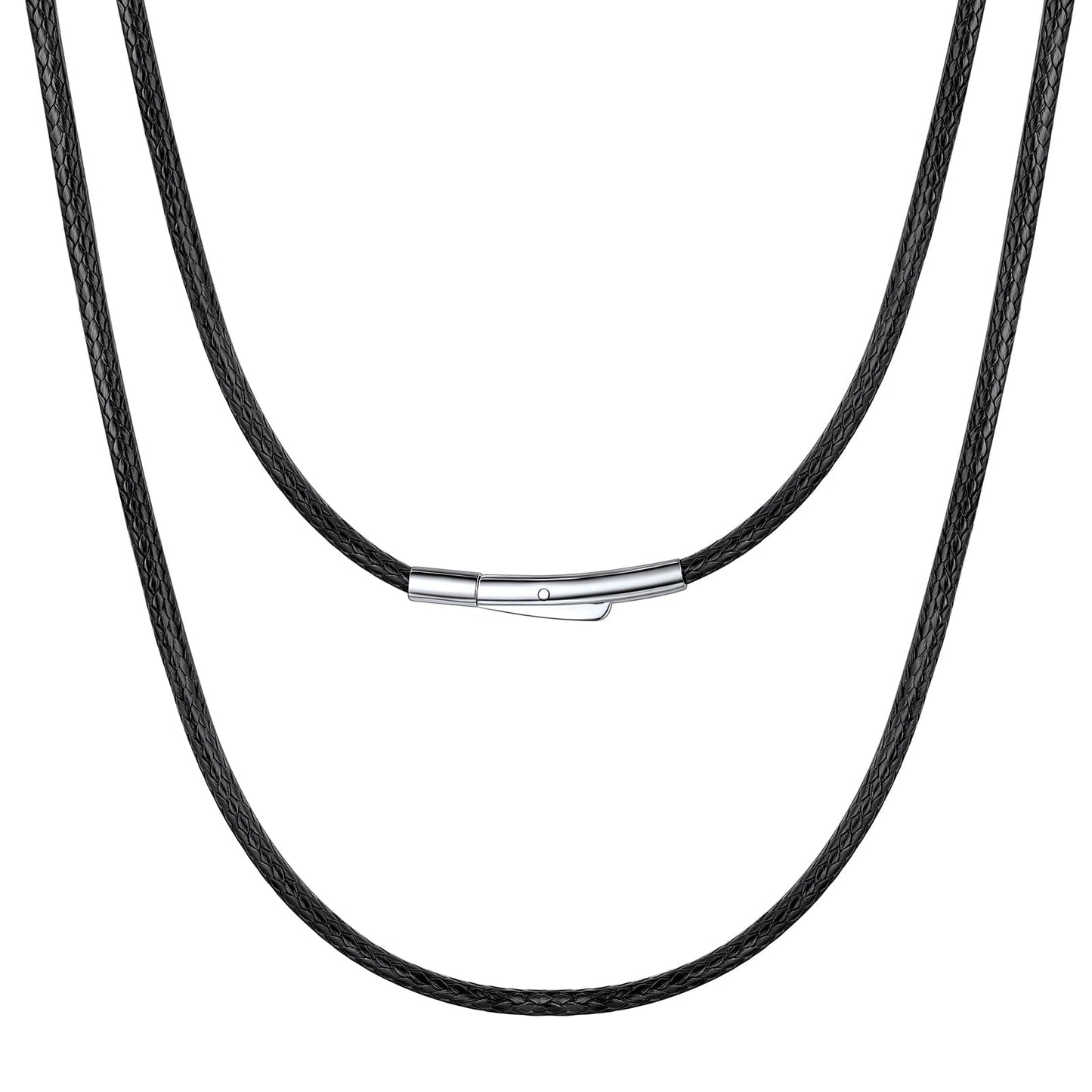 Bestyle 2MM Black Leather Necklace for Men Women,Waterproof Wax Woven Rope Chain with Stainless Steel Clasp, Leather Cord Necklace for Pendants 16"