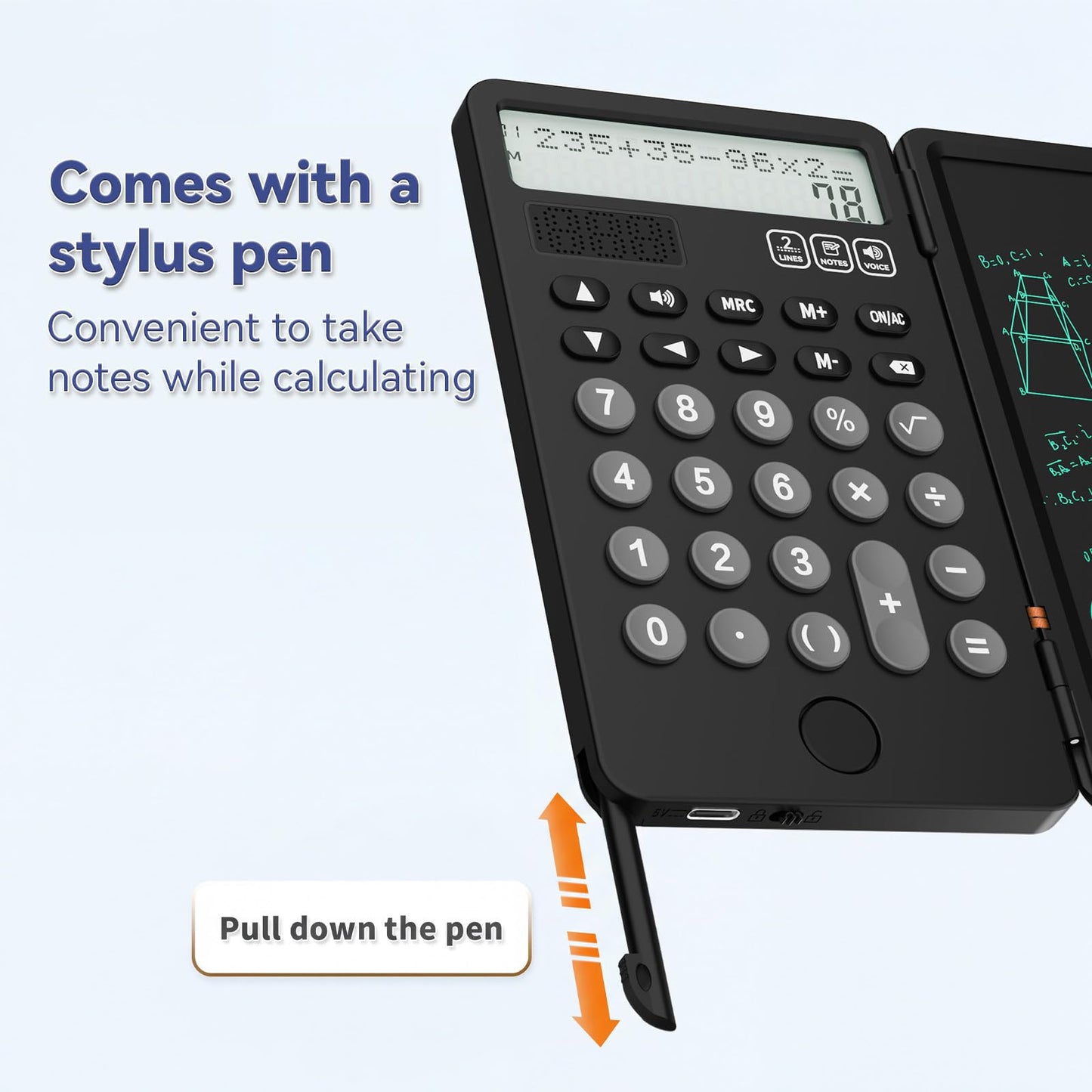 NEWYES Portable Calculator with Notepad, 2-Line 12-Digits Large Display, Rechargeable Solar Power Desk Calculator for Office School Students (Black)