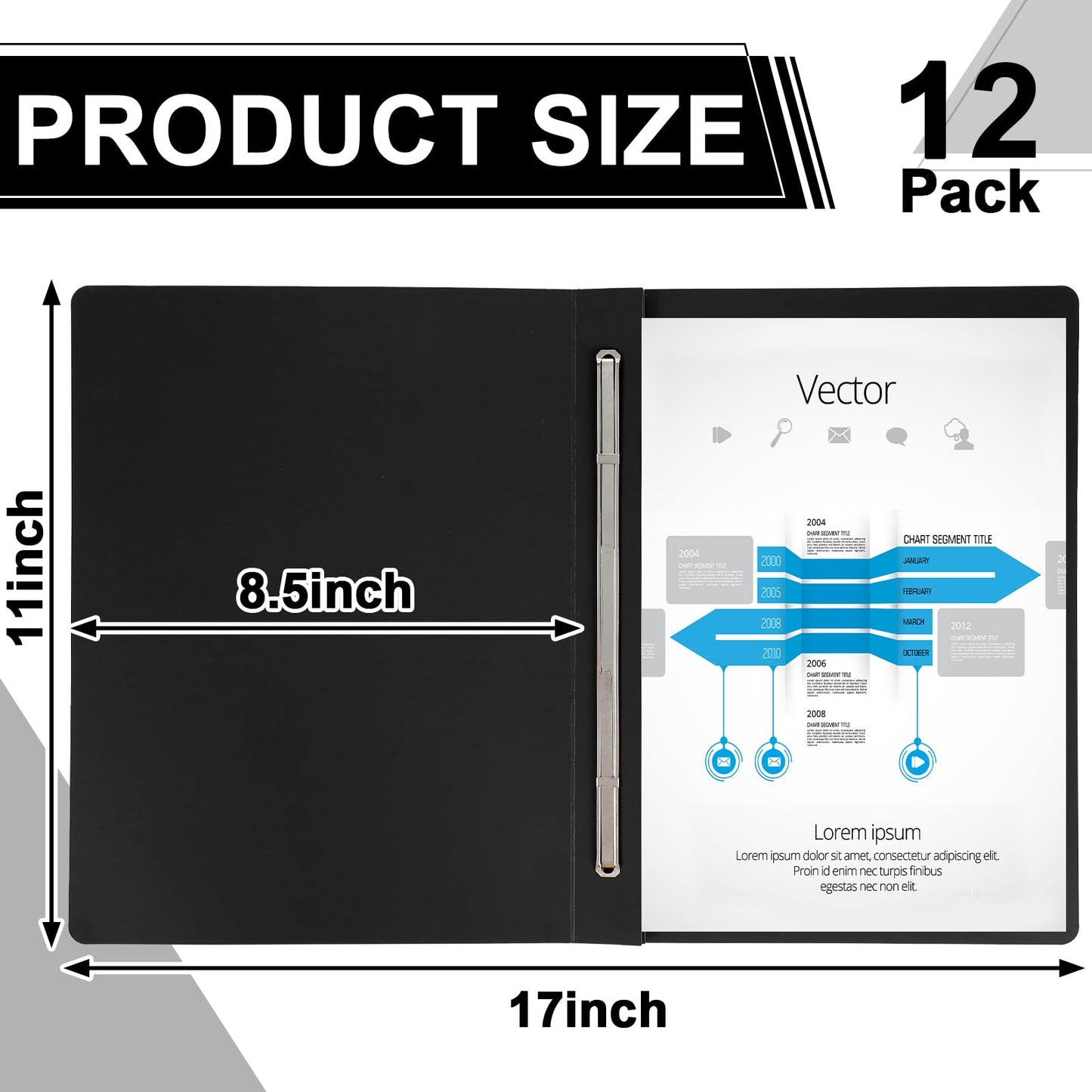 12 Pcs Pressboard Report Cover Letter Size 3" Capacity Presentation Binder Folder 8.5x11 Inch Metal Prong Fastener with Compressor for Reports Business Contract Proposal Documents, Black