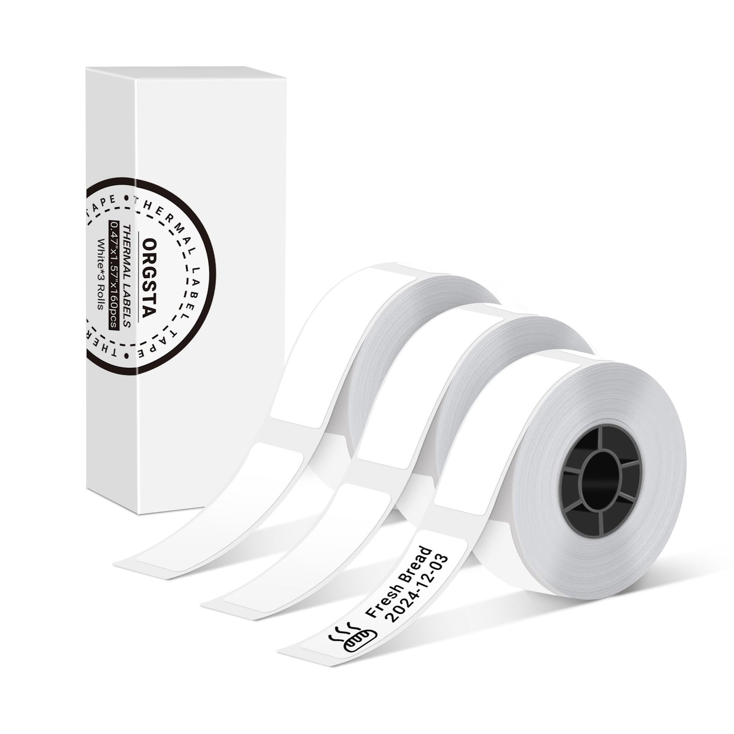 ORGSTA Label Maker Tape, Standard Laminated Thermal Label Tape Replacement, 0.47"x1.57" (12x40mm), Compatible with S001 Label Maker, Self-Adhesive Labeling Tape 160 Tapes/Roll, 3-Roll, White