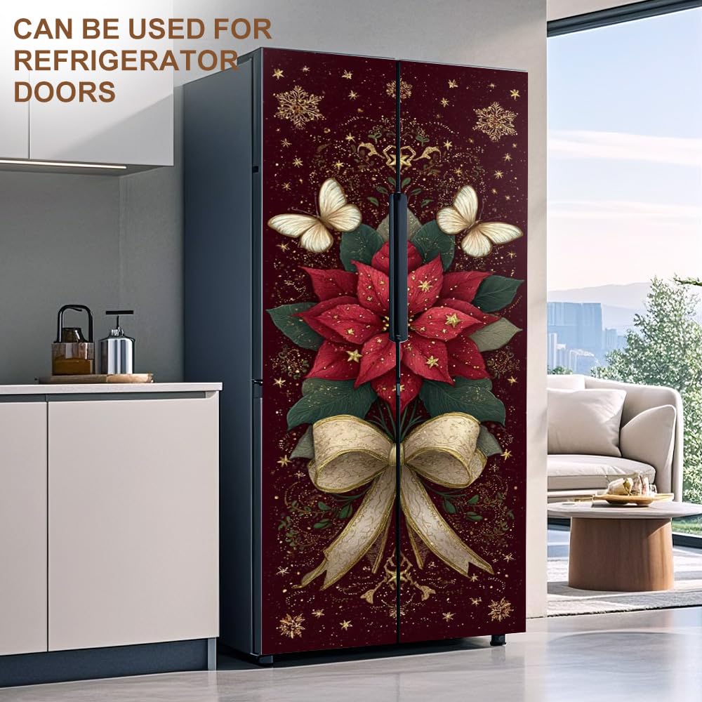 Elegant Poinsettia Door Mural Peel and Stick - Red Floral Holiday Door Covers Decorative with Golden Bow & Stars, Self-Adhesive Sticker for Door, 30.31 x 78.74 Inch