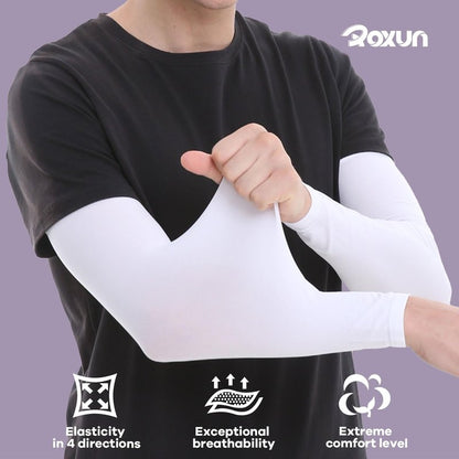 ROXUN 2 Pairs Arm Sleeves, Cooling UV Sun Protection Sports Compression for Men/Women Black+Pink