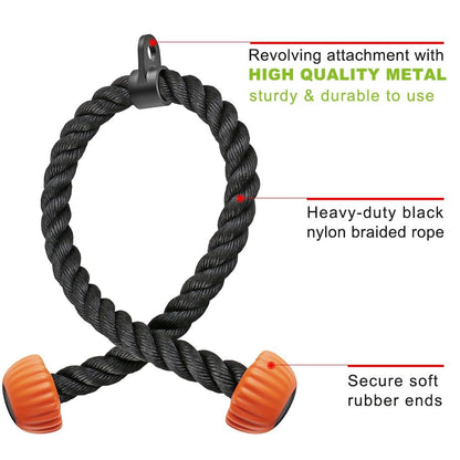 SELEWARE Triceps Rope with Non-Slip Soft Rubber Ends Home Gym Cable Attachment Workout Accessories 28 inches Long Orange
