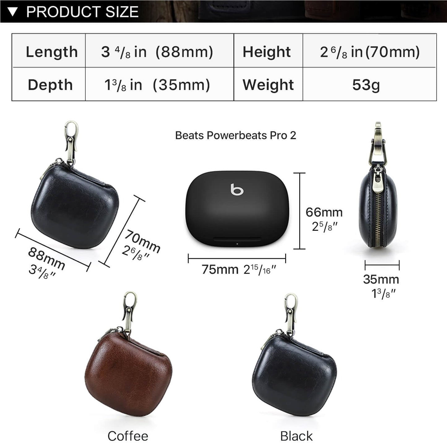 Hiram Leather Case Replacement for Beats Powerbeats Pro 2 2025,Vegetable-Tanned Cowhide Leather‌ Portable Travel Headphone Case Compatible with Powerbeats Pro 2 Charging(Black)