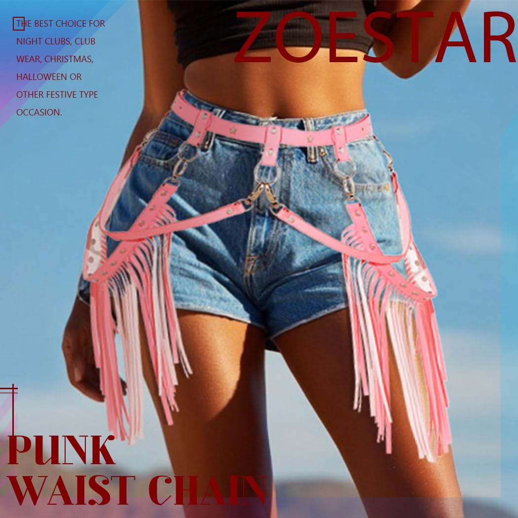 Zoestar Cowgirl Fringe Belt Leather Tassel Belts Fashion Rave Harness Waist Belt Cowgirl Costume Accessories for Women (Pink)