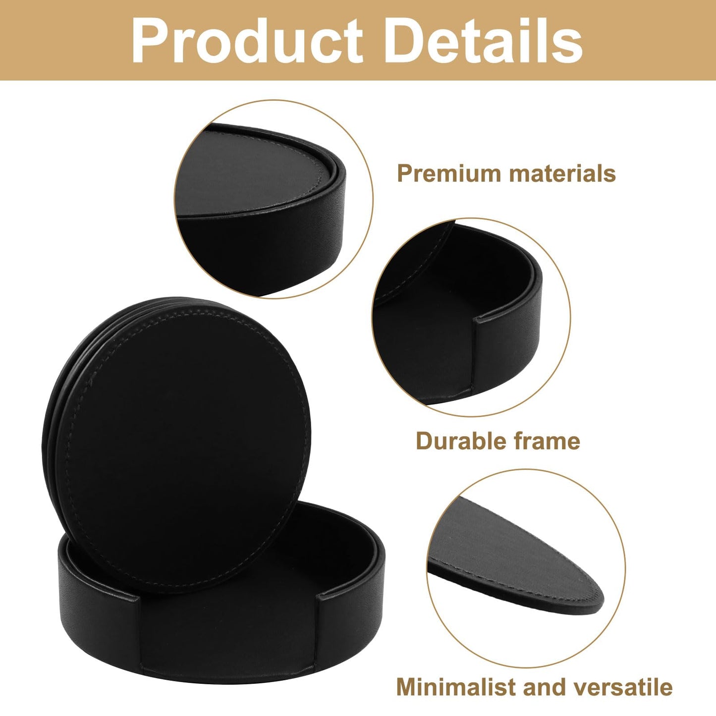 Rierdge Leather Coasters for Drinks Set of 6 with Holder, 4" Handmade PU Drink Coasters for Table Protection (Black)