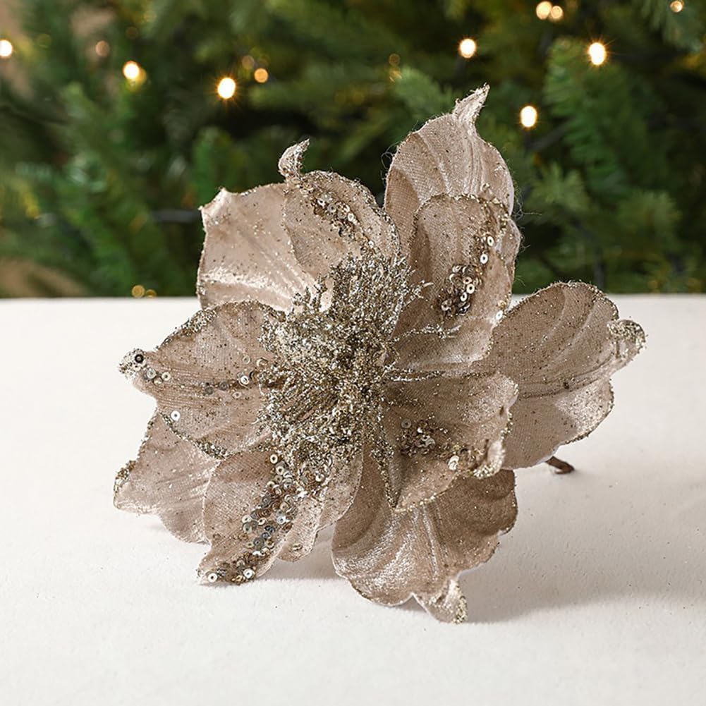 vctops 6 Pcs Poinsettia Artificial Flowers Christmas Tree Ornaments Glitter Magnolia Flowers for New Year Xmas Party Wedding Holiday DIY Decorations, Champagne