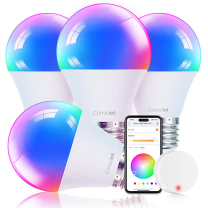 Consciot Smart Light Bulbs, WiFi Bluetooth Color Changing LED Light Bulb, Music Sync, 60W Equivalent Smart Bulb, A19 E26 RGBTW Light Bulbs That Works with Alexa/Google Home/Apple Home/Siri, 3 Pack