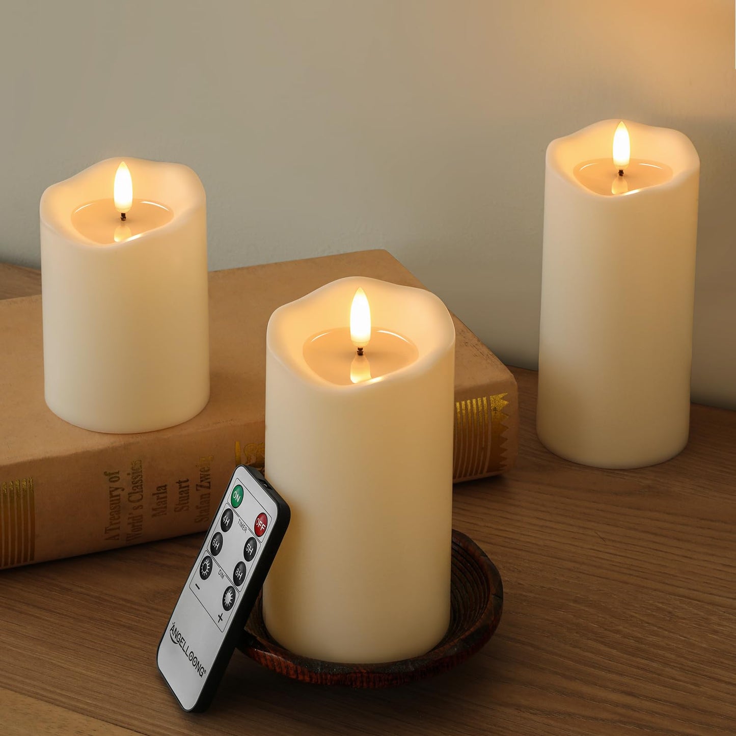 ANGELLOONG Flameless Candles with Remote, Flickering Battery Operated Pillar LED Candles with 4/5/6/8H Timer for Bridal Shower, Wedding Table Decor, Home Decor, Set of 3