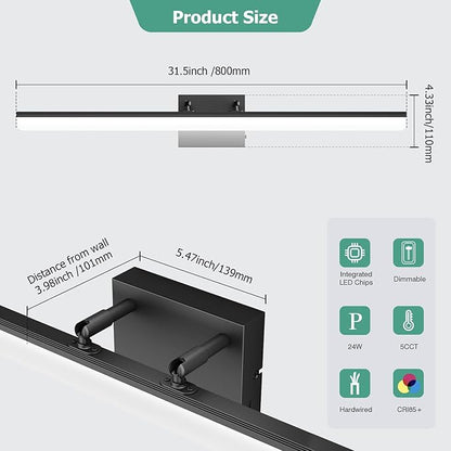 Black Vanity Light 31.5" Long 24W LED Bathroom Light Bar with 5CCT Adjustable Modern Bathroom Vanity Light Fixture for Mirror, Powder Room, Bedroom, Apartment, Hotel