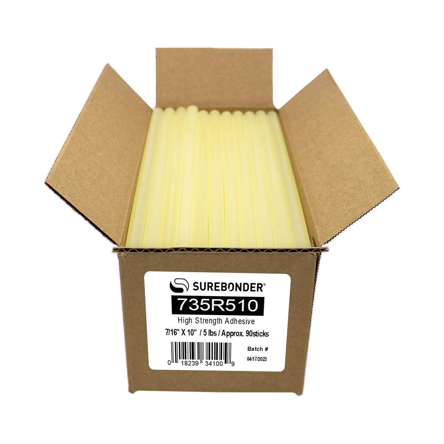 Surebonder 735R510 Full Size 10" High Strength Hot Glue Sticks for Cardboard, Plastic, Wood, Metal - 90 Glue Sticks, Amber, 5 lb Box