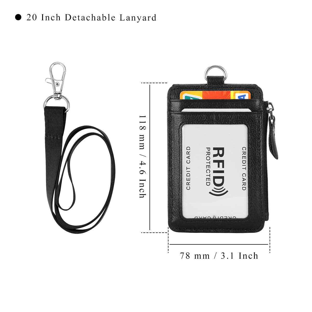 HAWEE Badge Holder with Zipper Genuine Leather RFID Keychain Wallet Neck Lanyards with Swivel Hook for Card/Coin/Cash, Black