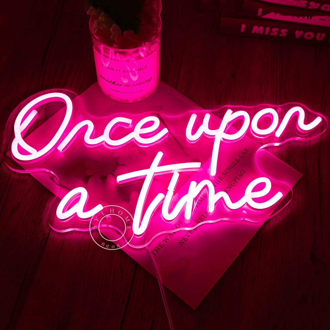 SYLHOME Once Upon A Time Pink LED Neon Light Sign Home Bedroom Kids Room Nursery Wall Decor Sign Words Art Wedding Birthday Bookshelf Decor Christmas Gifts 5V USB 15.8"X8.9"