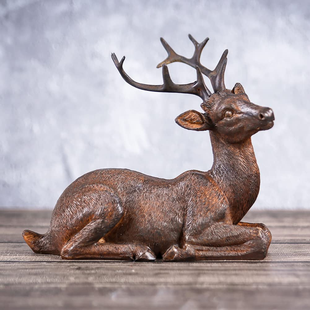 Miyolo Sitting Deer Figurine Laying Elk Reindeer Statue Resin Home Decor Christmas Indoor Shelf Tabletop Decorations (Rust)