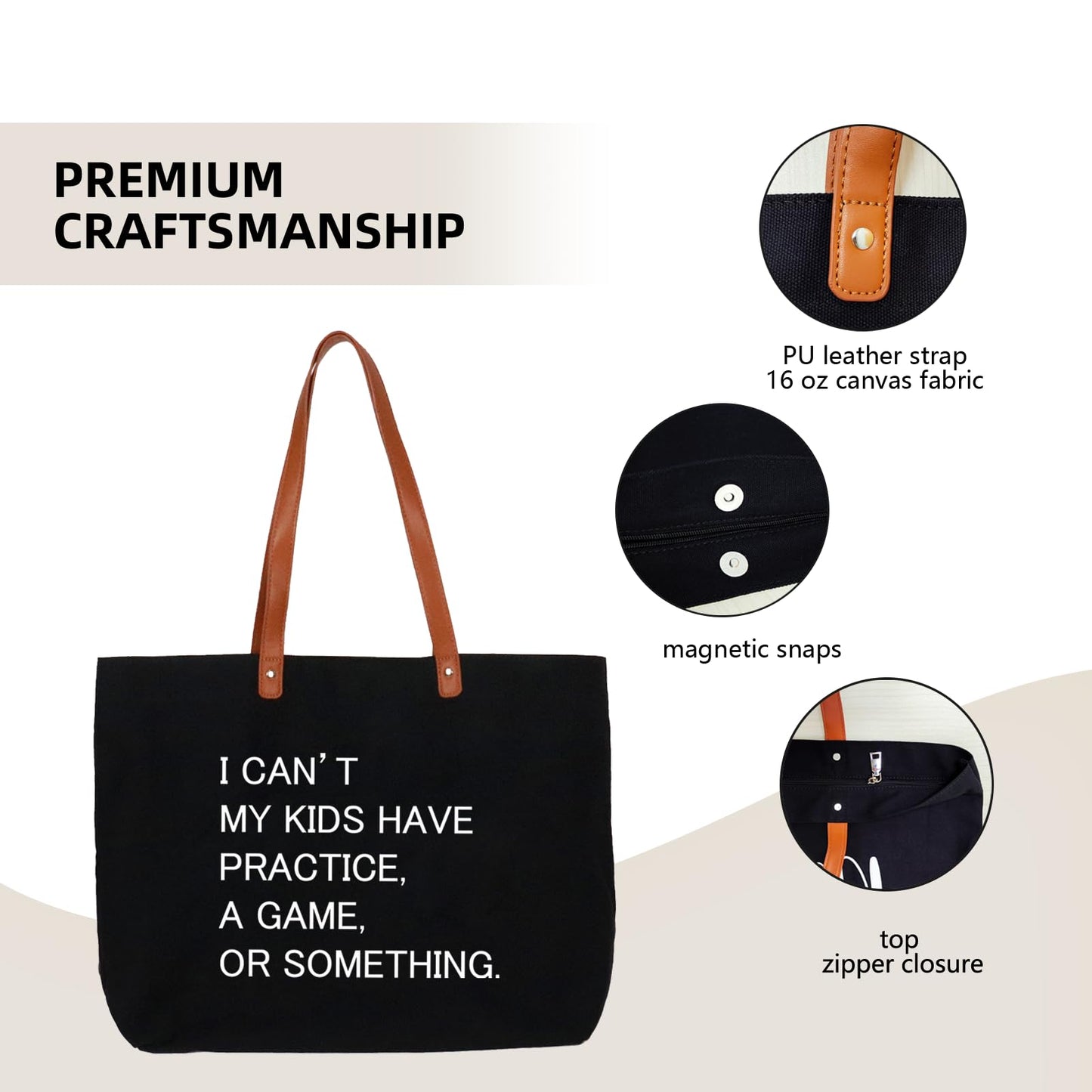 Lamyba I Can't My Kids Have Practice A Game or Something Tote Bag,Sports mom,Soccer Mom Bag with Zipper,Black