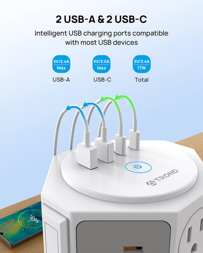 TROND Tower Surge Protector Power Strip with 14 Widely Spaced Outlets, 4 USB Ports(2 USB C), 2100J Surge Protection, 6 Feet Extension Cord with Multiple Outlets, Office Desk Supplies, Dorm Essentials