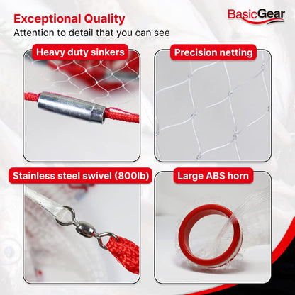 BasicGear Cast Net | Zinc Iron, 3ft Radius, 1/4 inch Mesh for Freshwater and Saltwater Bait Fish | Professional Grade and Upgraded Material | Throw Style