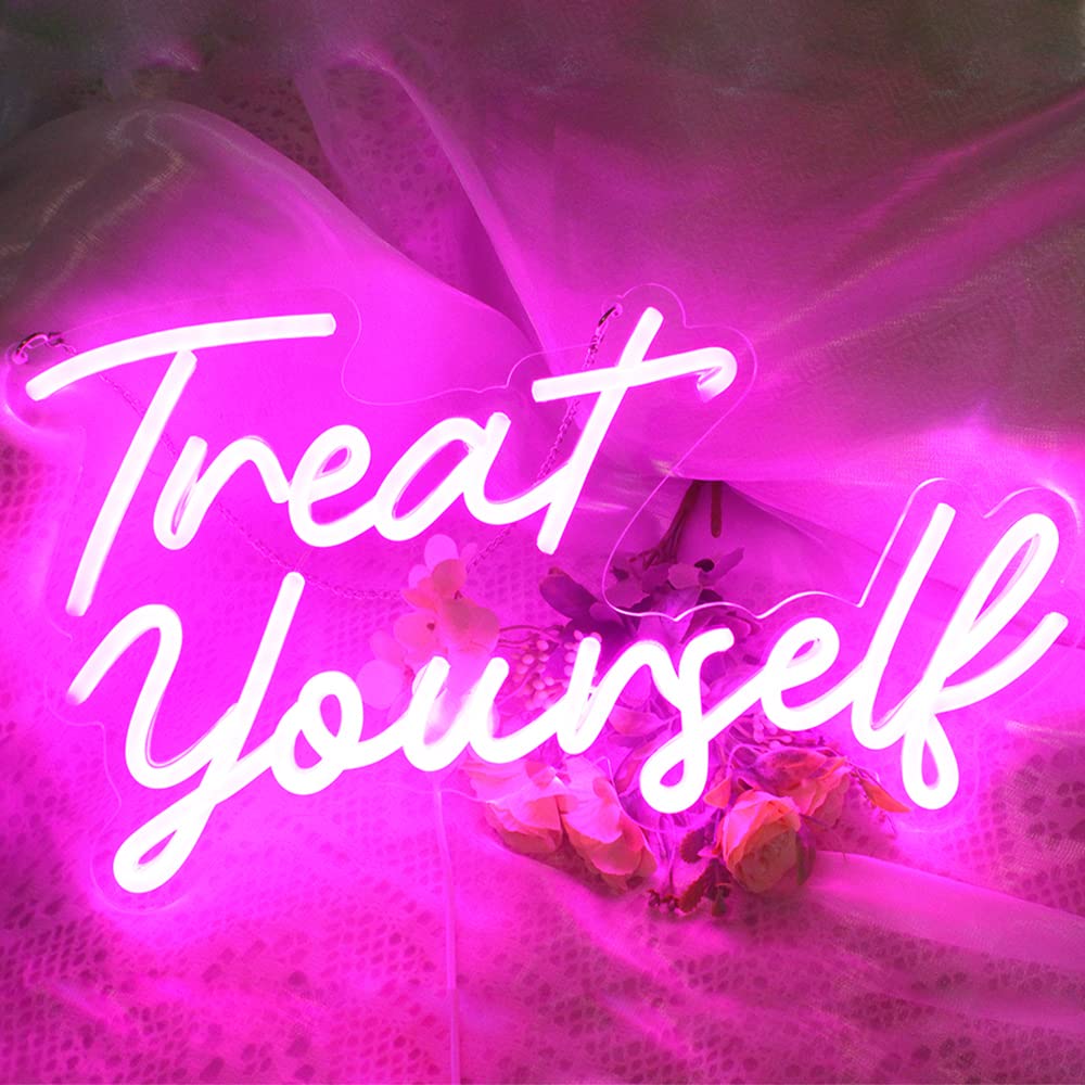 Treat Yourslef Neon Signs Pink LED Letter Neon Light Sign USB Power for Wall Decor Bedroom Wall Birthday Party Christmas Wedding Decoration(16.5 * 8.7)