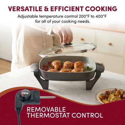 Elite Gourmet EG2212 12"x12"x2.15” Ceralast™ PFAS Free Ceramic Electric Skillet, Dishwasher Safe, Rapid Heat Up, 1200W, Dark Grey