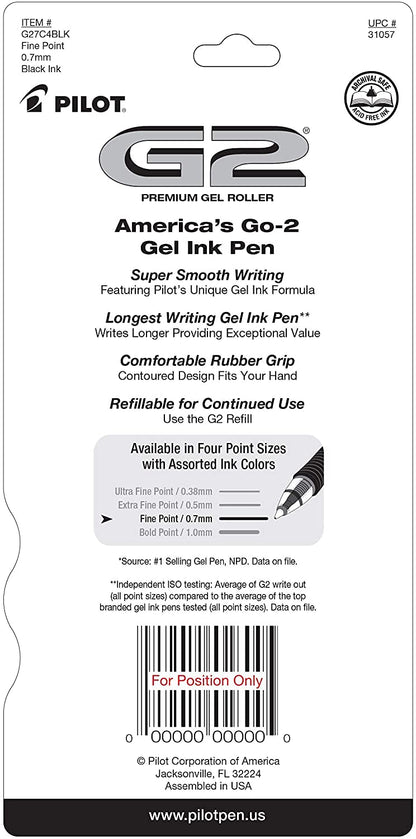 Pilot G2 Premium Gel Roller Pens 0.7, Fine Point Smooth Writing Pens Black, Pack of 4