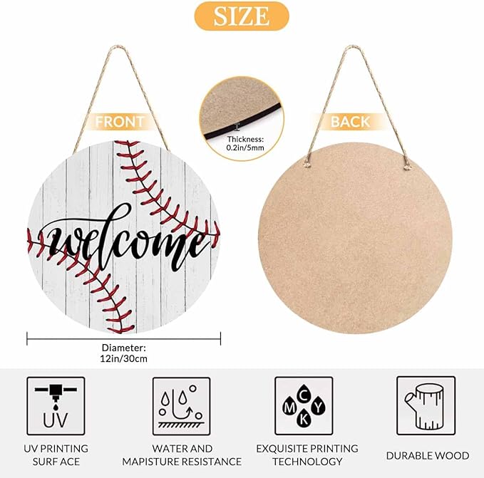 Welcome Sign for Front Door Welcome Baseball Door Sign 12In Wooden Wreath Wall Hanging Sign for Indoor Outdoor Seasonal Decor