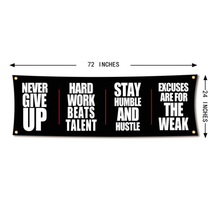 Motivational Gym Flag Banner - Never Give Up - 72x24 Inches Home & Garage Gym Wall Decor with 4 Brass Grommets for Easy Hanging