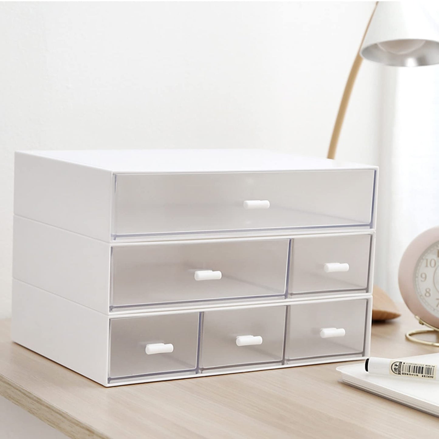 Desk Organizer-3 Tier Stackable Storage Drawers with 6 Compartments White Compact Desk Storage Drawers Great for Makeup Storage Bathroom Organization Accessories Etc (White)
