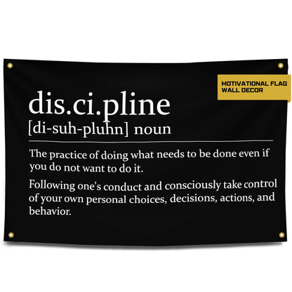 Gold Trident Flags Discipline Motivational Gym Banner – Discipline Poster for Gym, Dorm, Room, Home Workout Space – Cool Fitness Wall Decor – Durable Polyester, Double Stitched Flag – 3x5 Feet
