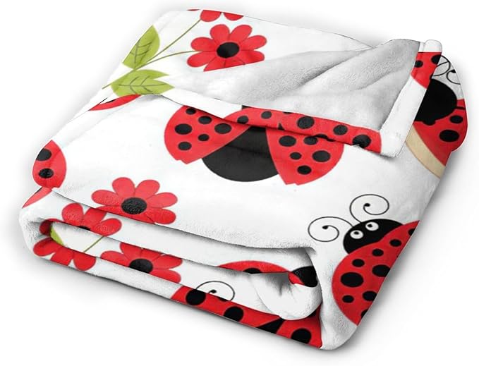 Ladybug Blanket, Lady Bug Cartoon Throw Blankets, Flower Green Leaves Fuzzy Plush Blanket Ultra Soft for Animal Lover Gift Kids Teens Women Men Girls Boys Stuff Decor for Bedding Sofas Couch 50"X40"
