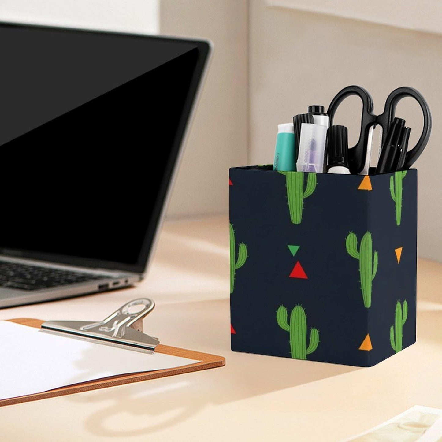 UTRSIFB Holder Cup Makeup Brush Storage Organizer, Waterproof Multifunctional Office Supplies, Pen Holder Square Leather Pencil Cactus Art