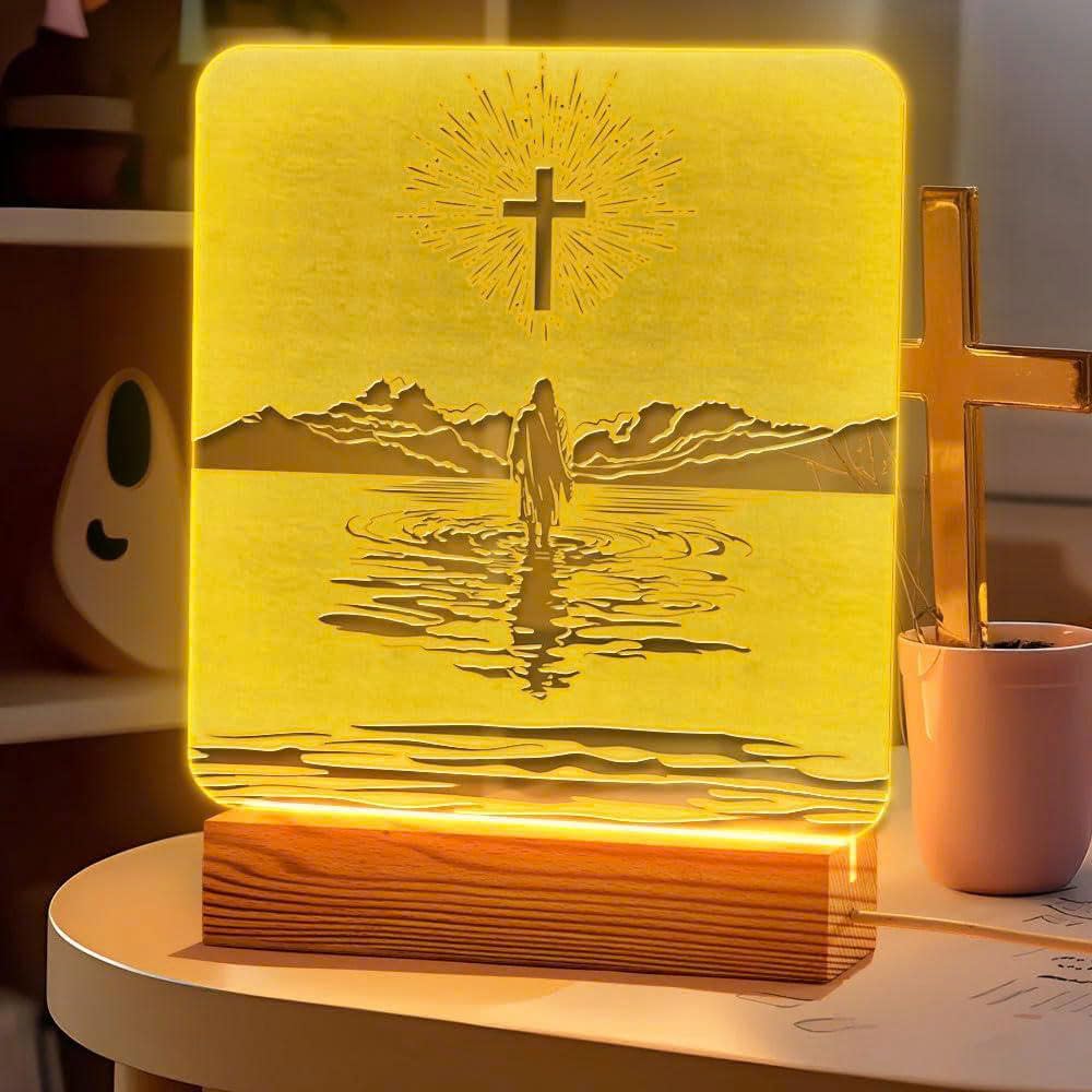 DongNaiWin LED Night Lamp - USB Powered Lamp with Jesus and Cross Design - Wooden Base - Mom Birthday Gifts - Inspirational Christian Gift for Home Decor and Encouragement (Jesus Light)