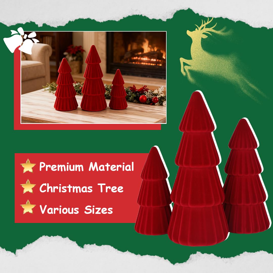 Joyhalo Tabletop Christmas Trees, Set of 3 Velvet Christmas Trees Indoor Xmas Decoration Centerpieces for Table, Mantel, Holiday, Party and Home Decor, Red