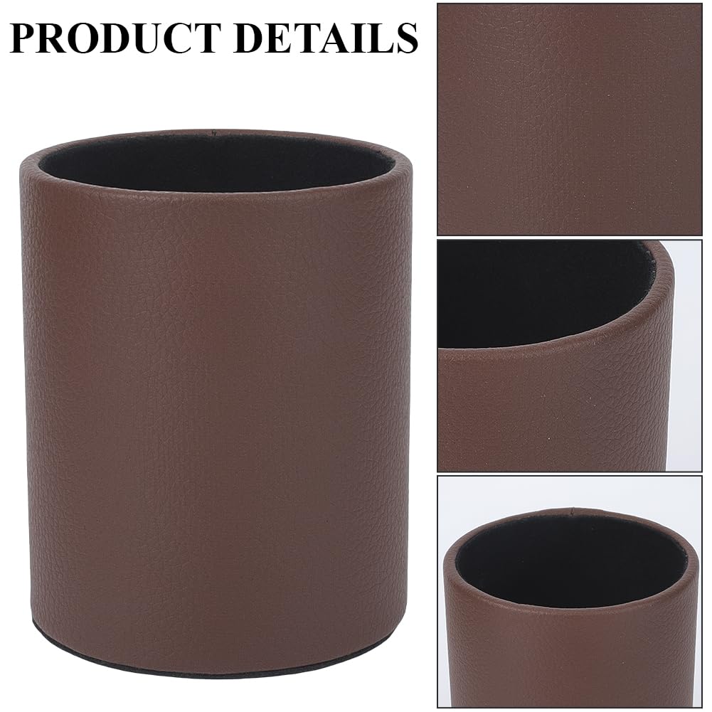 CALFOVERA PU Leather Round Pencil Cup Holder for Desk Multifunctional Stationery Container Luxury Brown Leather Pens Glitter Bling Makeup Brush Stroage Box Case Desktop Organizer for Office