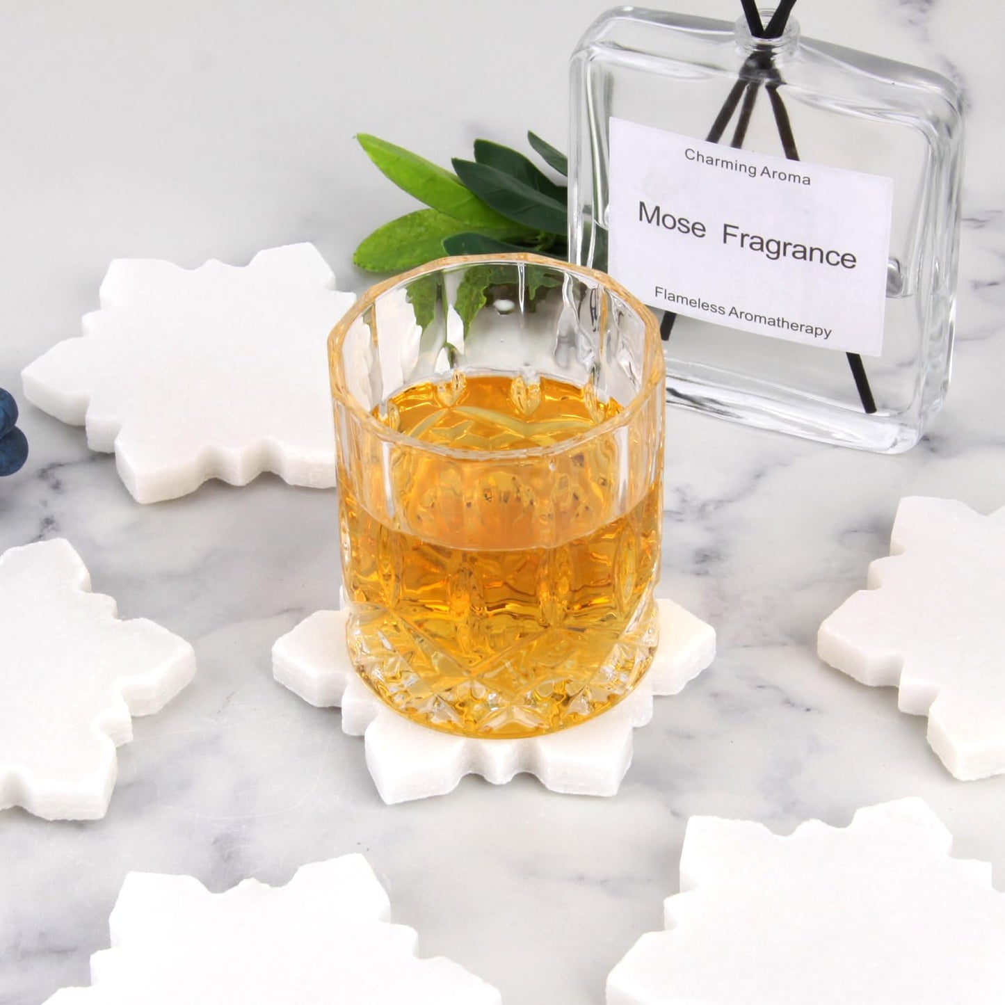 Marble Coasters Set of 6-4 Inch Snowflake Design White Natural Stone Drink Coasters, Modern Luxury Outdoor Cup Coaster Table Protection for Coffee Tab (6, 4 Inch) (6, White, Snowflake)
