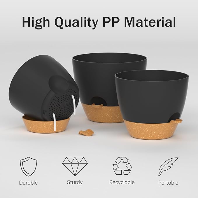 ZMTECH 8/9/10 Inch Self Watering Plant Pots with Watering Lip, Planters with Drainage Holes and Removable Saucer, Plastic Flower Pots for Indoor Outdoor Plants (3 Pack,Black)